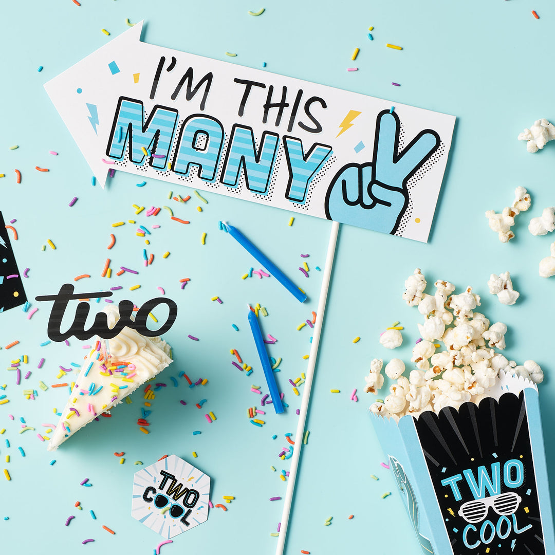 Funny Two Cool - Boy - Blue 2nd Birthday Party Photo Booth Props Kit - 10 Piece