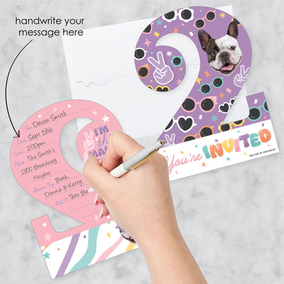 Custom Photo Two Cool - Girl - Pastel 2nd Birthday Party Fun Face Shaped Fill-In Invitation Cards with Envelopes - Set of 12