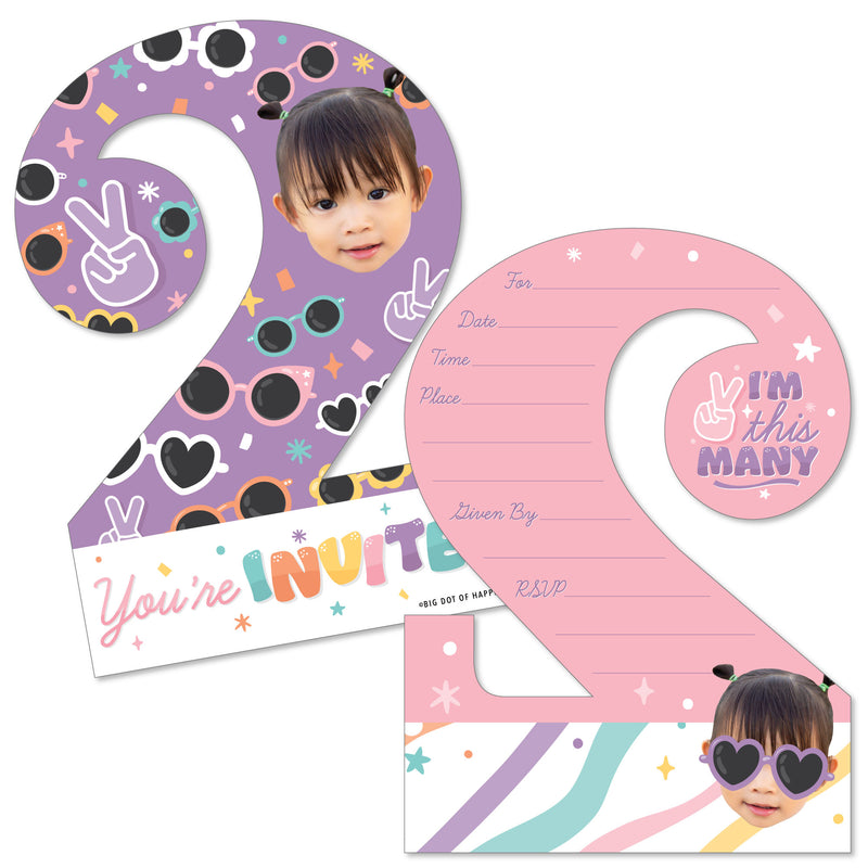 Custom Photo Two Cool - Girl - Pastel 2nd Birthday Party Fun Face Shaped Fill-In Invitation Cards with Envelopes - Set of 12