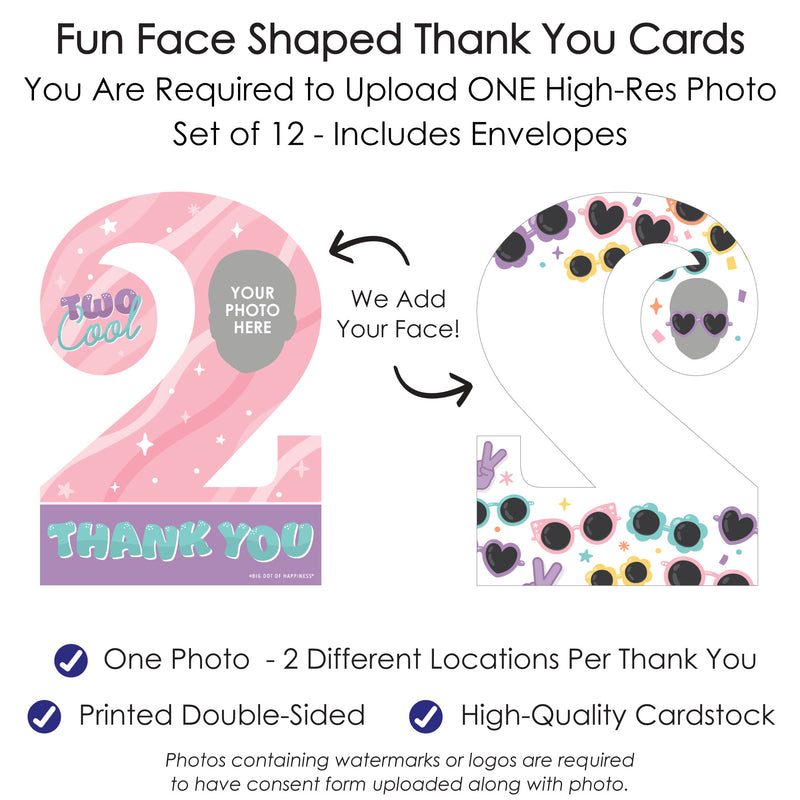 Custom Photo Two Cool - Girl - Pastel 2nd Birthday Party Fun Face Shaped Thank You Cards with Envelopes - Set of 12