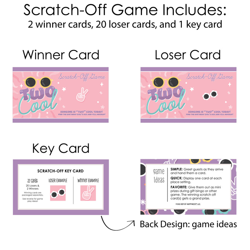 Two Cool - Girl - Pastel 2nd Birthday Party Game Scratch Off Cards - 22 Count