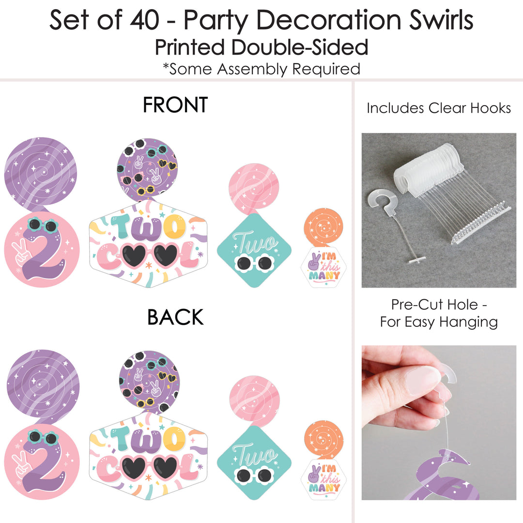 Two Cool - Girl - Pastel 2nd Birthday Party Hanging Decor - Party Decoration Swirls - Set of 40