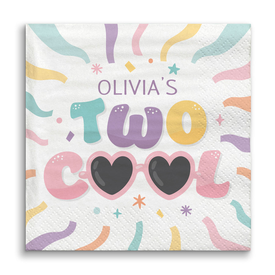 Party napkin with 'Olivia's Two Cool' text and colorful design on a white background 2nd Birthday