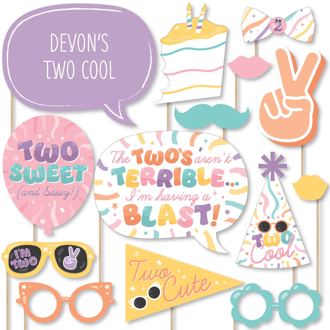 Two Cool - Girl - Personalized Pastel 2nd Birthday Party Photo Booth Props Kit - 20 Count