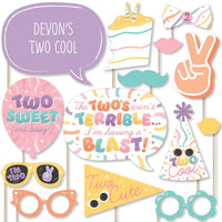 Two Cool - Girl - Personalized Pastel 2nd Birthday Party Photo Booth Props Kit - 20 Count