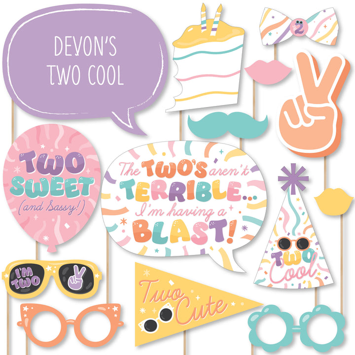 Two Cool - Girl - Personalized Pastel 2nd Birthday Party Photo Booth Props Kit - 20 Count