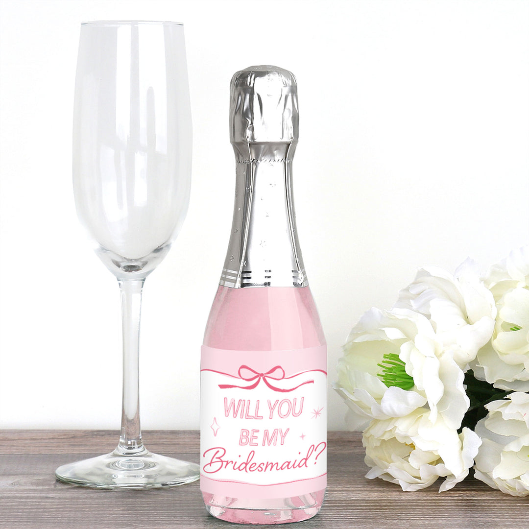 Will You Be My Bridesmaid Pink Bow Mini Wine Bottle Labels - 16 Ct