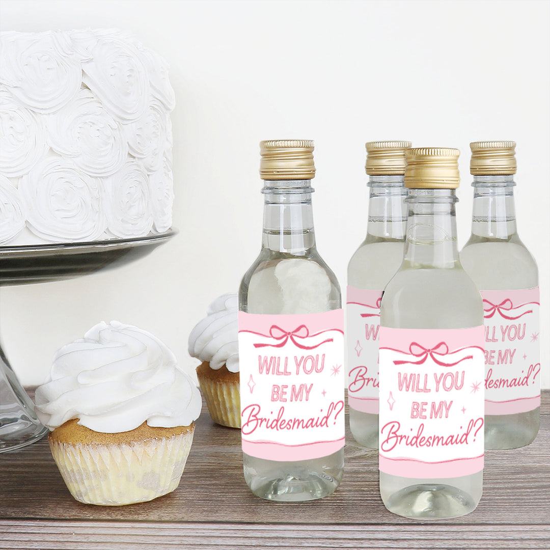 Will You Be My Bridesmaid Pink Bow Mini Wine Bottle Labels - 16 Ct