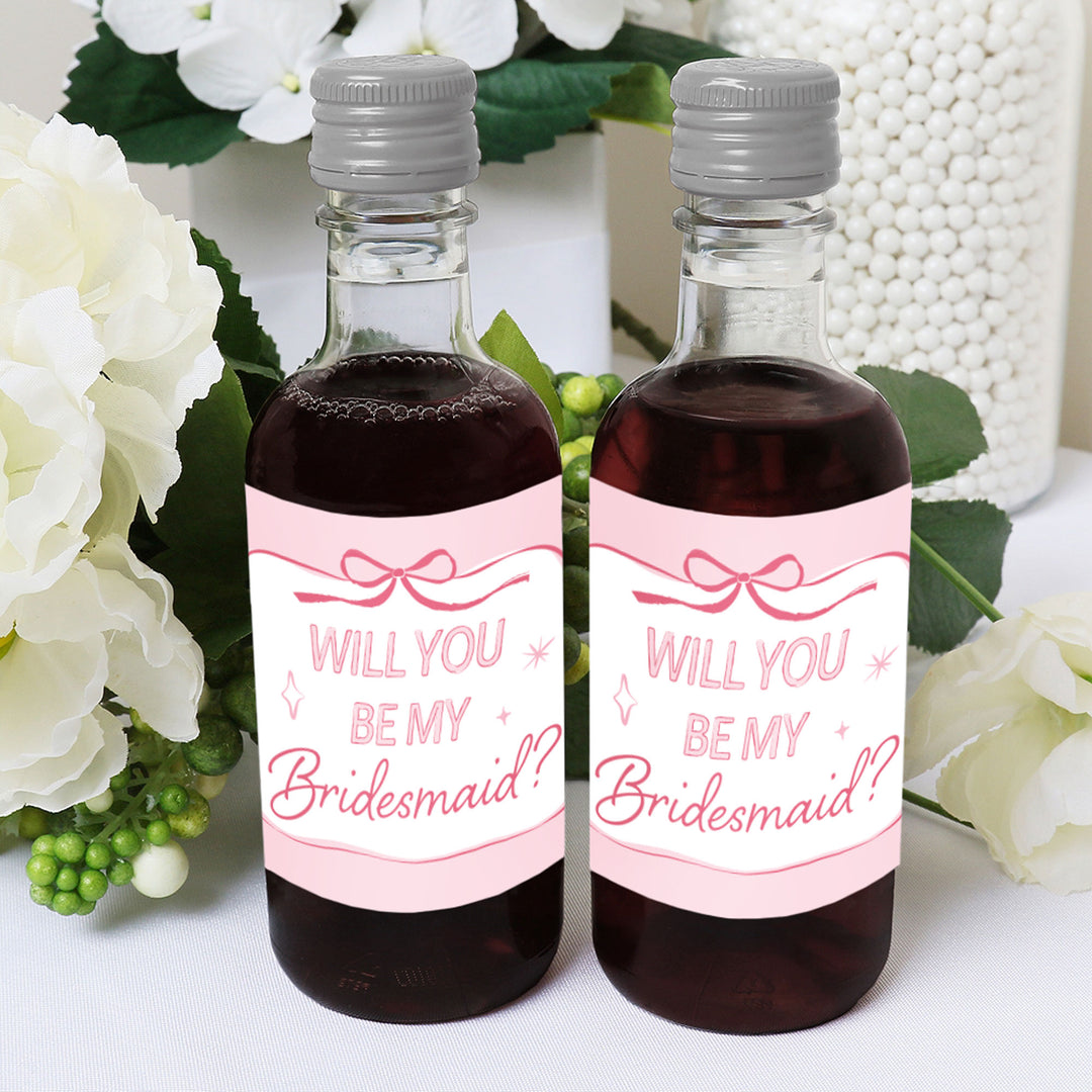 Will You Be My Bridesmaid Pink Bow Mini Wine Bottle Labels - 16 Ct