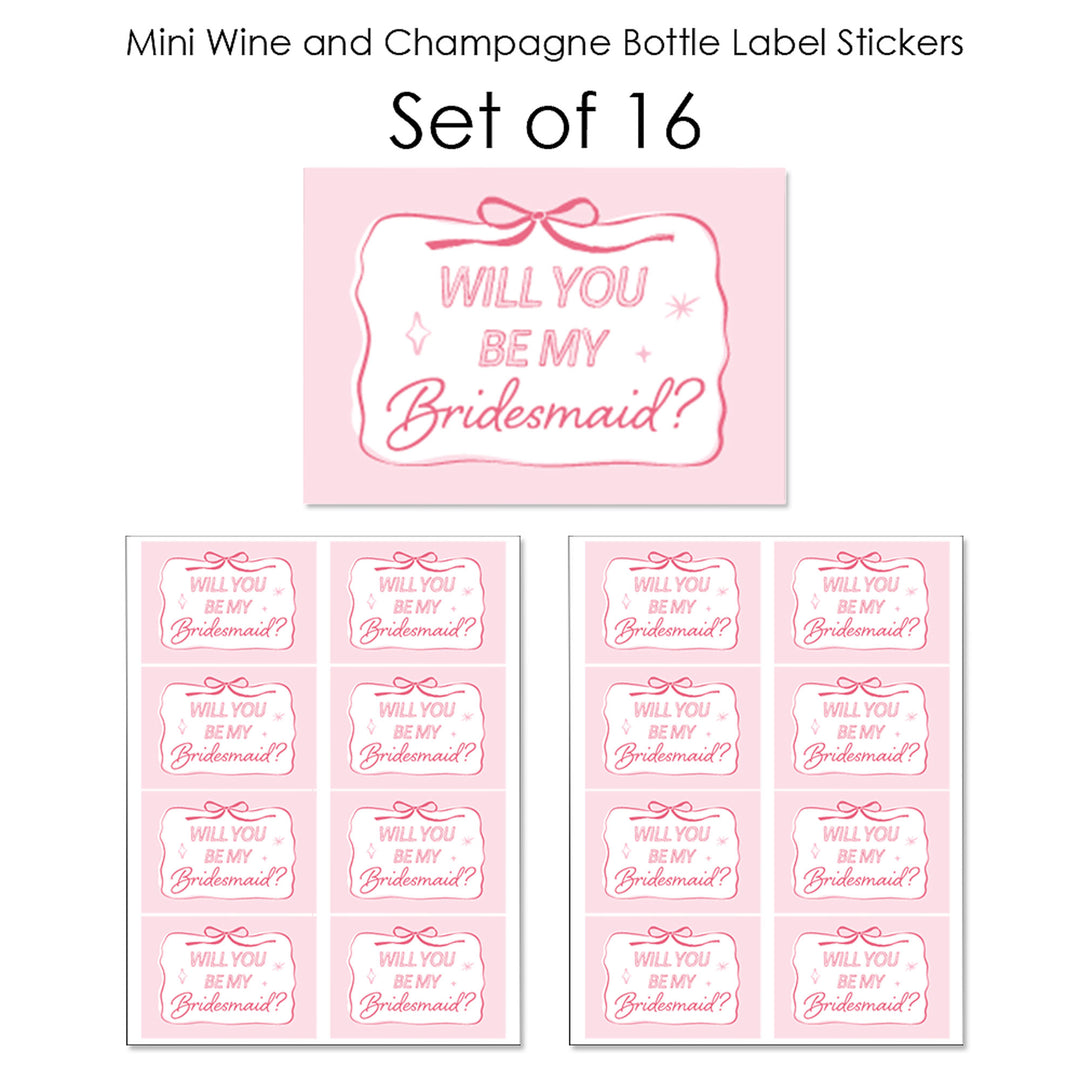 Will You Be My Bridesmaid Pink Bow Mini Wine Bottle Labels - 16 Ct