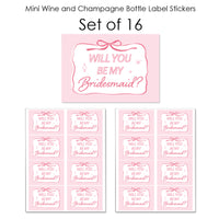 Will You Be My Bridesmaid Pink Bow Mini Wine Bottle Labels - 16 Ct