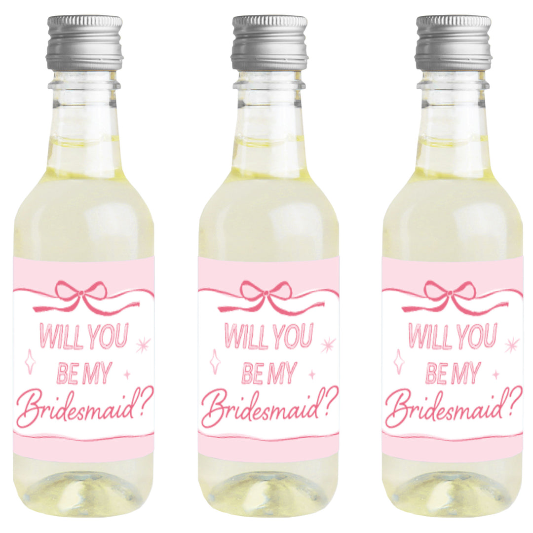 Will You Be My Bridesmaid Pink Bow Mini Wine Bottle Labels - 16 Ct