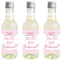 Will You Be My Bridesmaid Pink Bow Mini Wine Bottle Labels - 16 Ct