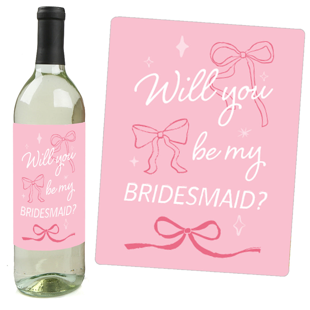 Will You Be My Bridesmaid Pink Bow Wine Bottle Labels - 4 Ct