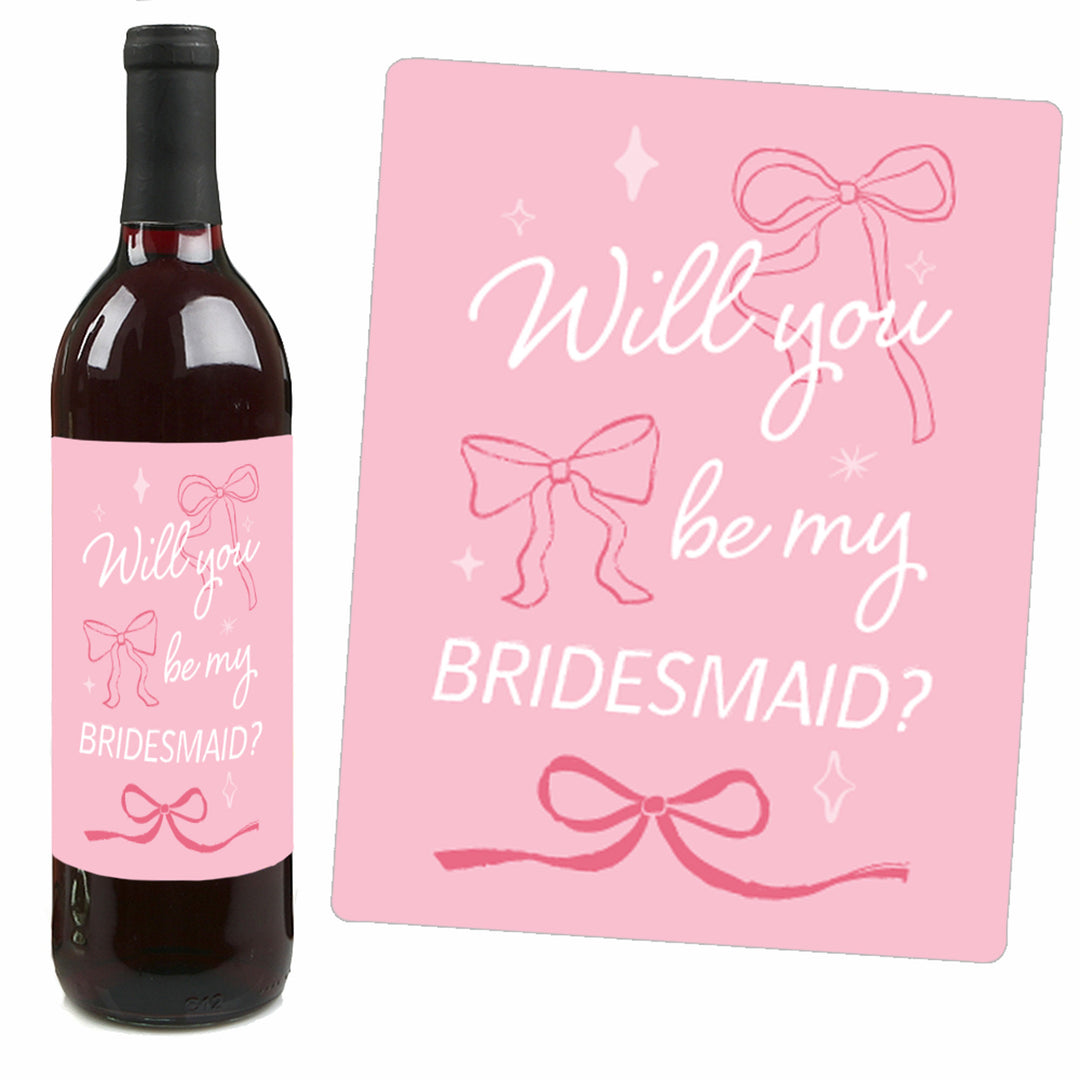Will You Be My Bridesmaid Pink Bow Wine Bottle Labels - 4 Ct