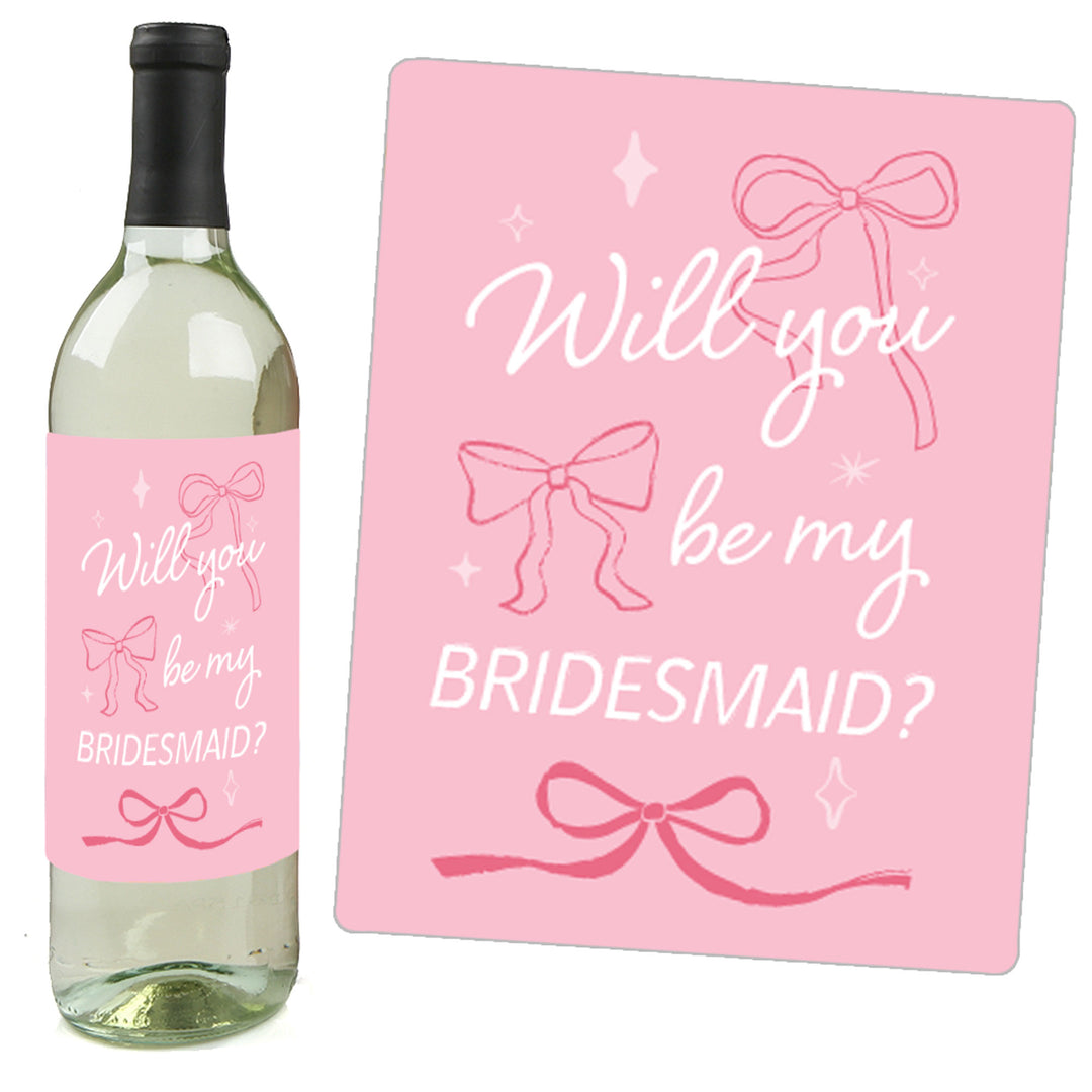 Will You Be My Bridesmaid Pink Bow Wine Bottle Labels - 4 Ct