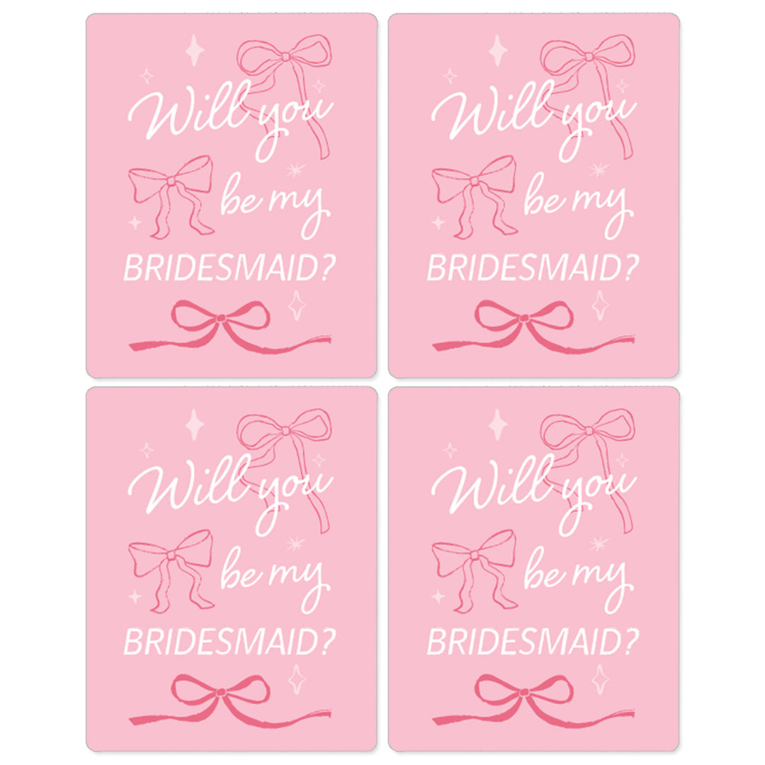 Will You Be My Bridesmaid Pink Bow Wine Bottle Labels - 4 Ct