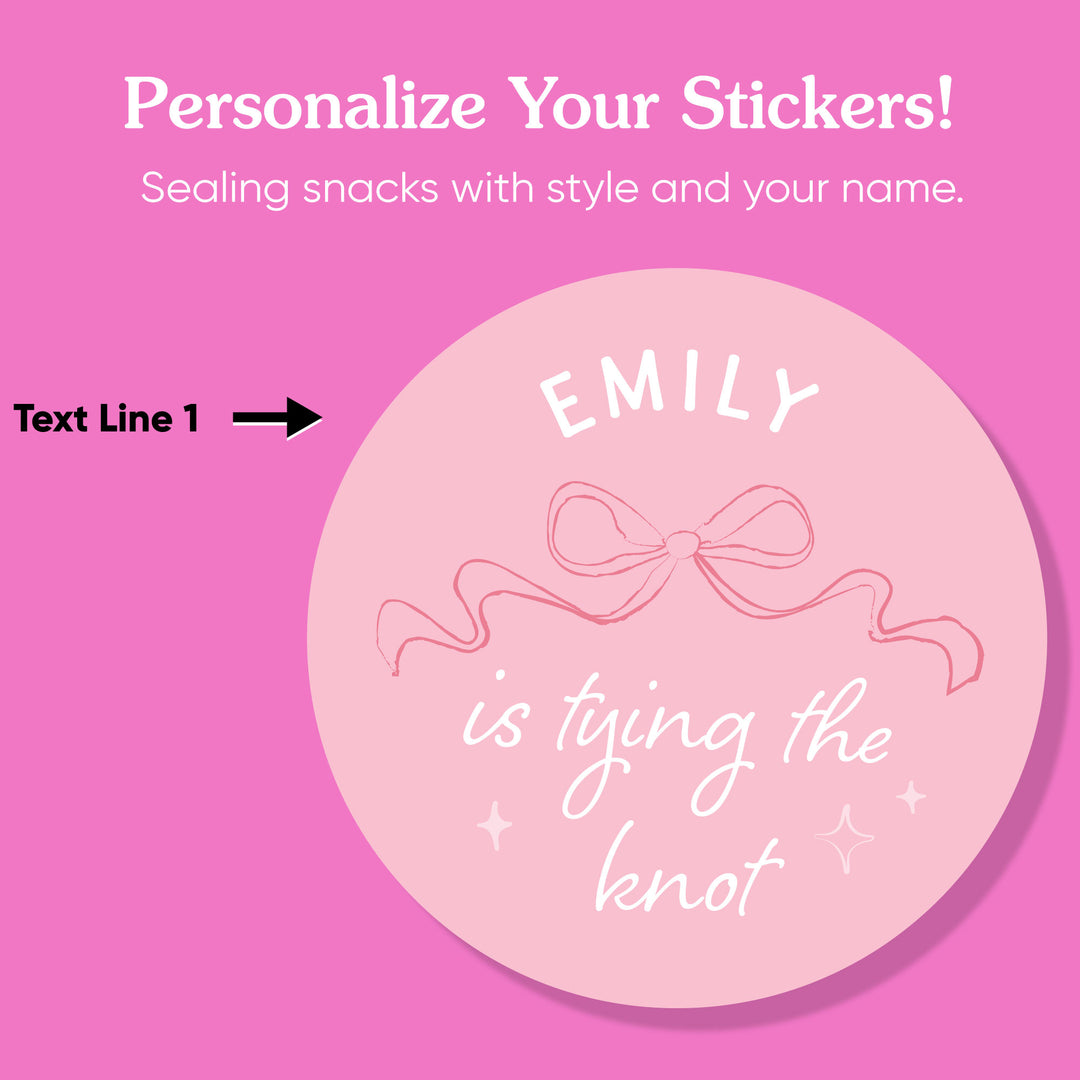 Personalized sticker with 'EMILY is tying the knot' text on a pink background