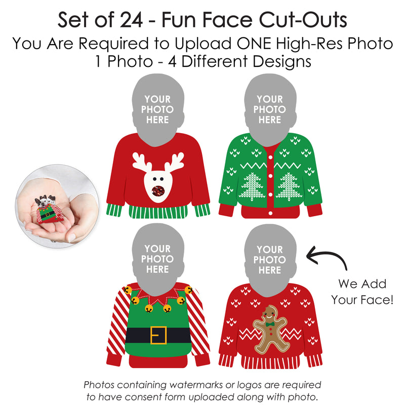 Custom Photo Ugly Sweater - Holiday and Christmas Party DIY Shaped Fun Face Cut-Outs - 24 Count