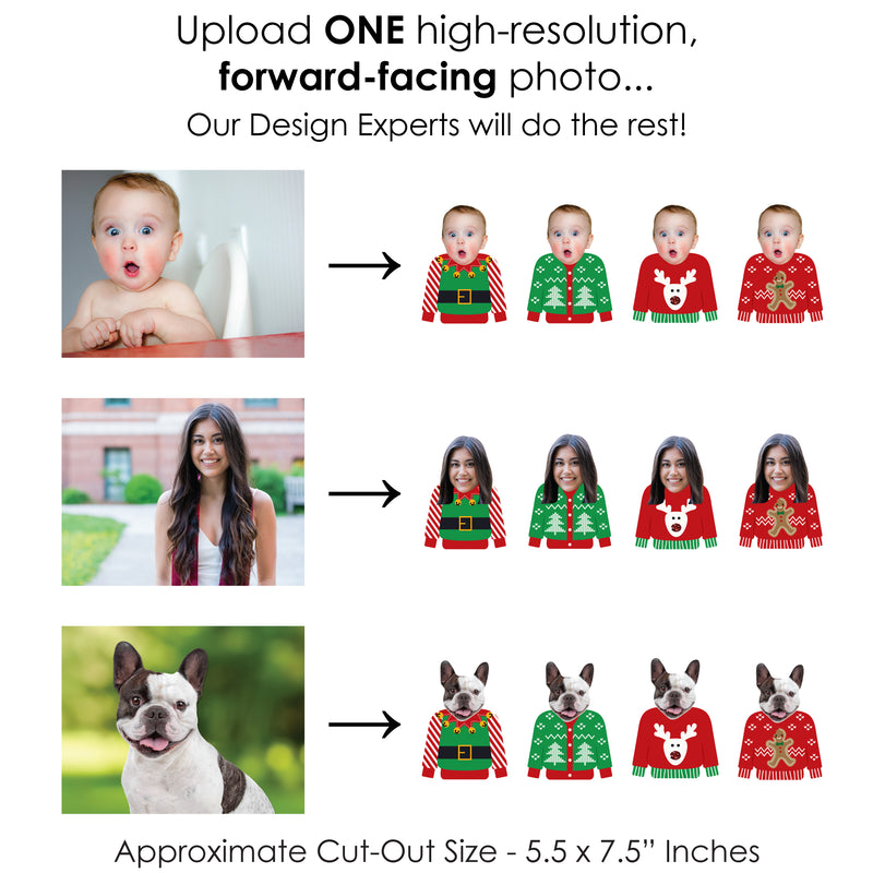 Custom Photo Ugly Sweater - Fun Face Decorations DIY Holiday and Christmas Party Essentials - Set of 20