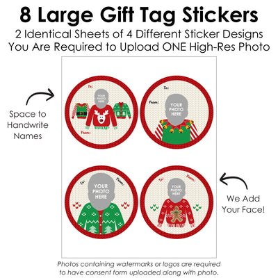 Custom Photo Ugly Sweater - Holiday and Christmas Party Round To and From Gift Tags - Fun Face Large Stickers - Set of 8