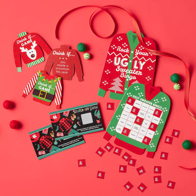 Ugly Sweater - Bar Bingo Cards and Markers - Holiday and Christmas Party Shaped Bingo Game - Set of 18
