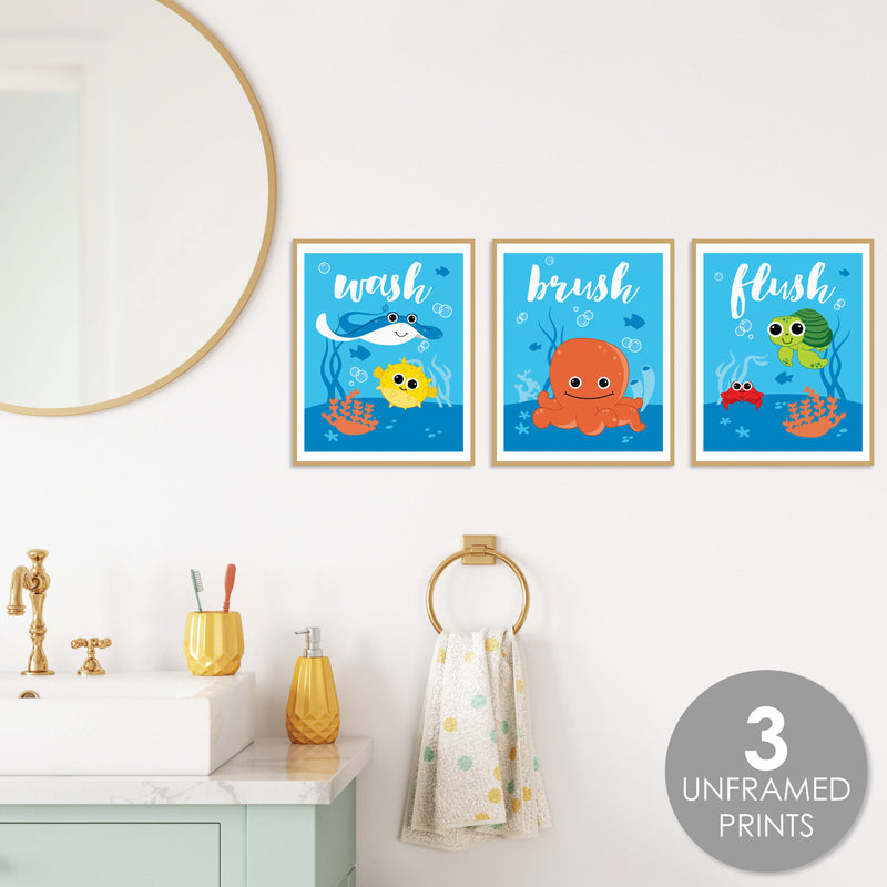 Under the Sea Critters - Unframed Wash, Brush, Flush - Bathroom Wall Art - 8 x 10 inches - Set of 3 Prints