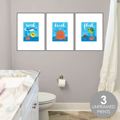 Under the Sea Critters - Unframed Wash, Brush, Flush - Bathroom Wall Art - 8 x 10 inches - Set of 3 Prints