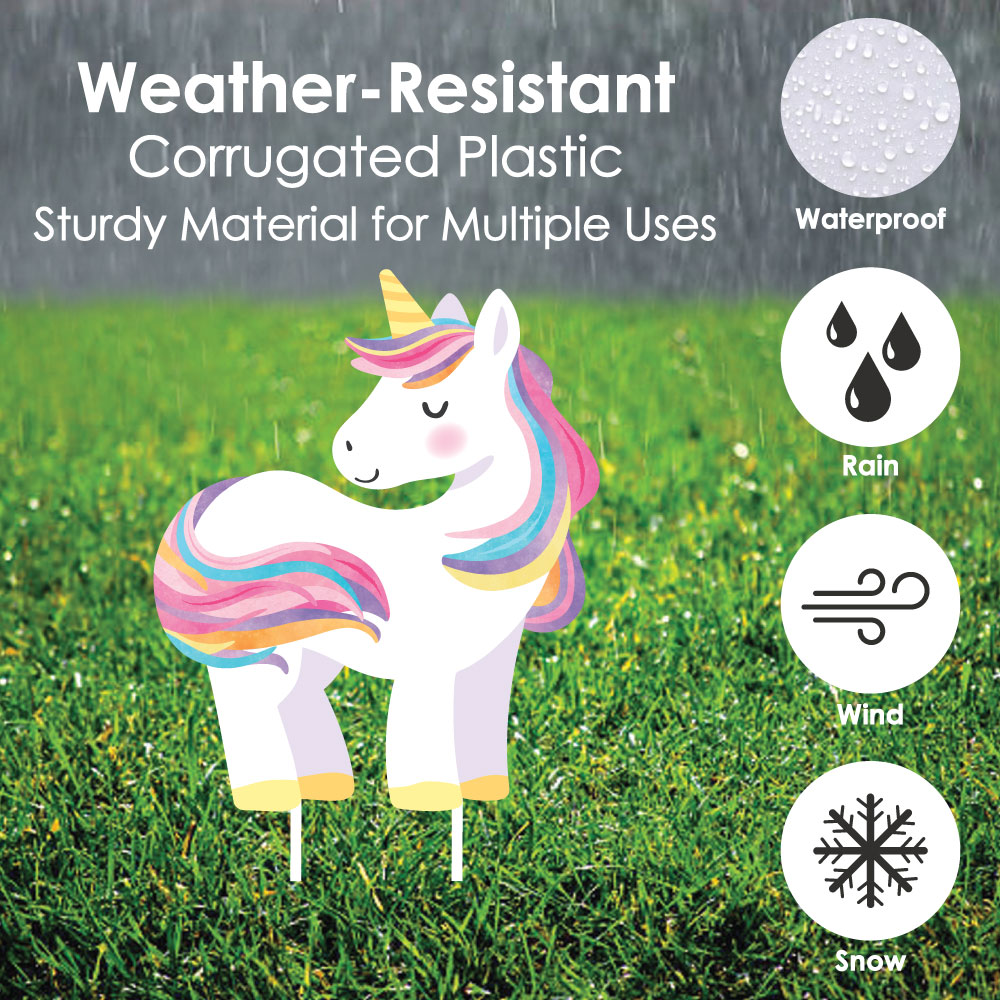 Colorful unicorn garden stake on grass with weather-resistant features highlighted