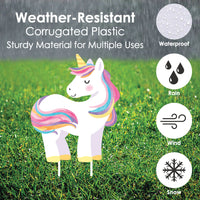 Colorful unicorn garden stake on grass with weather-resistant features highlighted