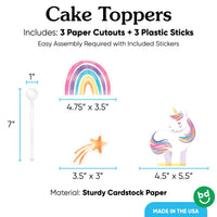 3 count unicorn cake topper set with sticks