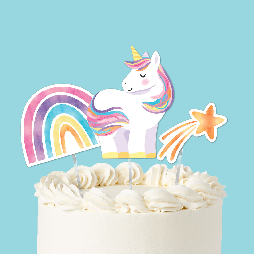 unicorn cake toppers 3 piece set on birthday cake