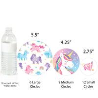 Unicorn-themed paper confetti with measurements relative to a water bottle.