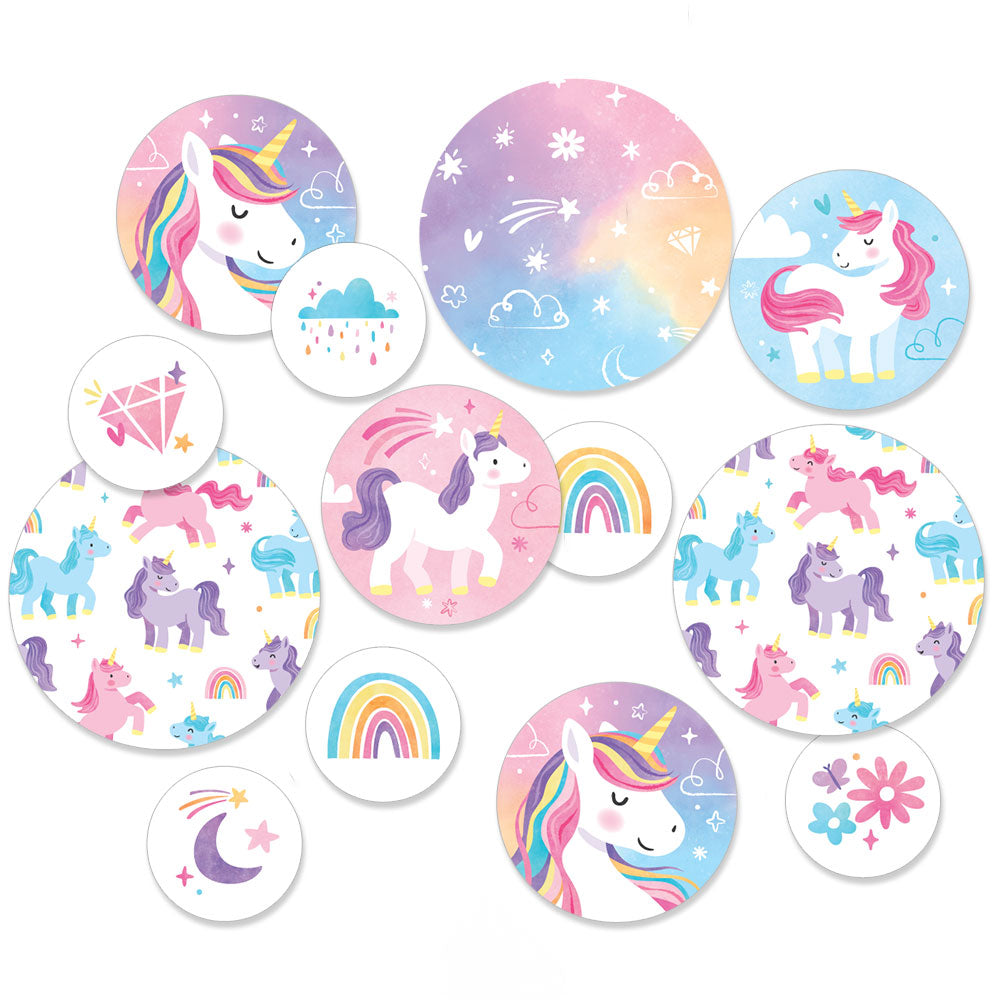 Set of colorful unicorn-themed confetti table decorations on a white background