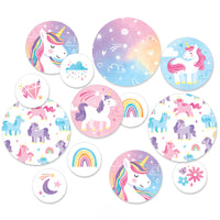 Set of colorful unicorn-themed confetti table decorations on a white background