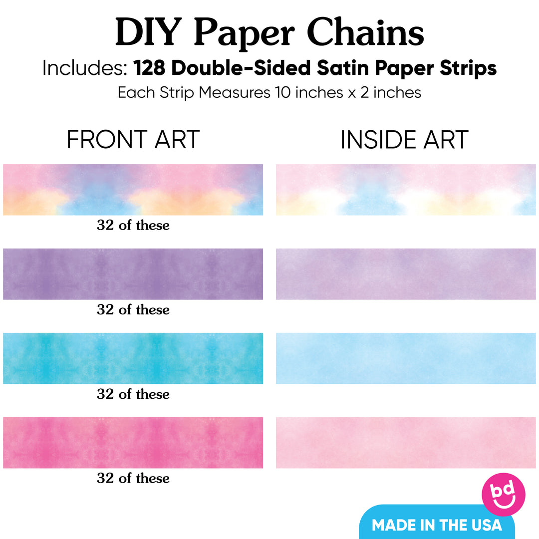 Color swatches of DIY paper chains with text detailing product information.