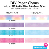 Color swatches of DIY paper chains with text detailing product information.