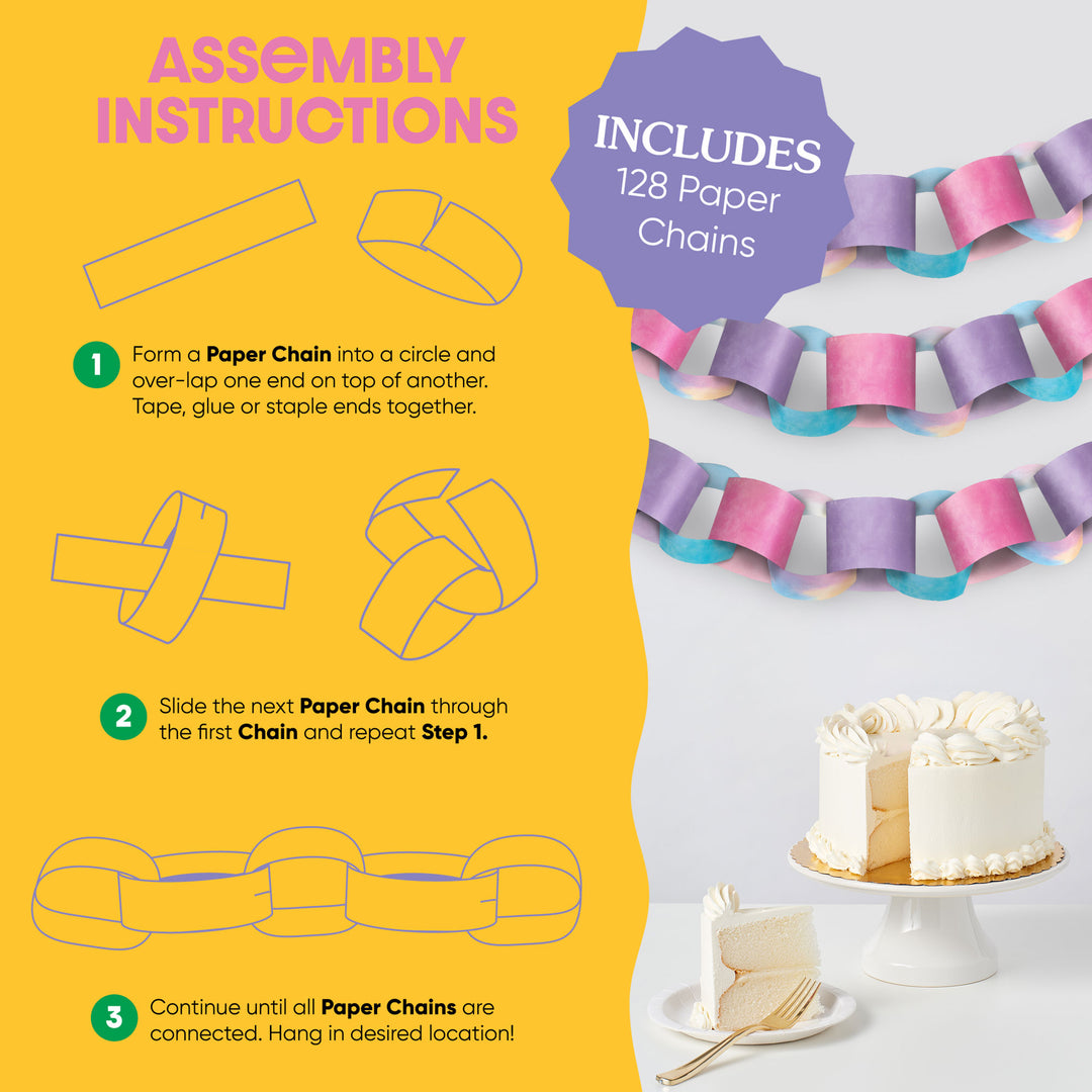 Assembly instructions for paper chains with a cake and plate on a yellow background