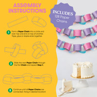 Assembly instructions for paper chains with a cake and plate on a yellow background