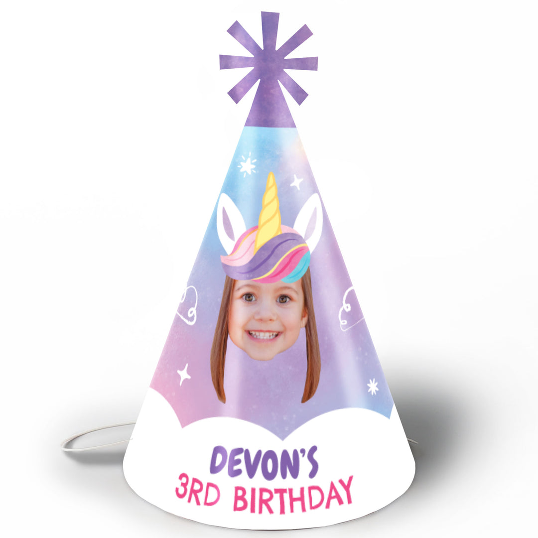 Custom Photot Unicorn-themed birthday hat with a photo of a child and 'Devon's 3rd Birthday' text on a white background