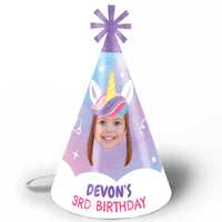 Custom Photot Unicorn-themed birthday hat with a photo of a child and 'Devon's 3rd Birthday' text on a white background