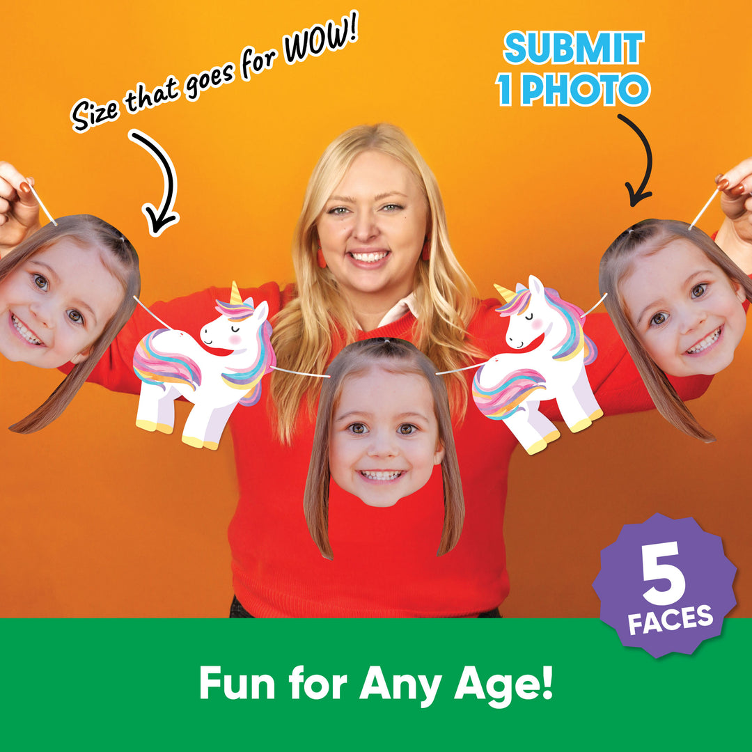 Person holding a custon rainbow unicorn banner with different faces cutouts 