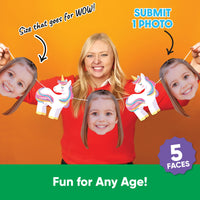 Person holding a custon rainbow unicorn banner with different faces cutouts 
