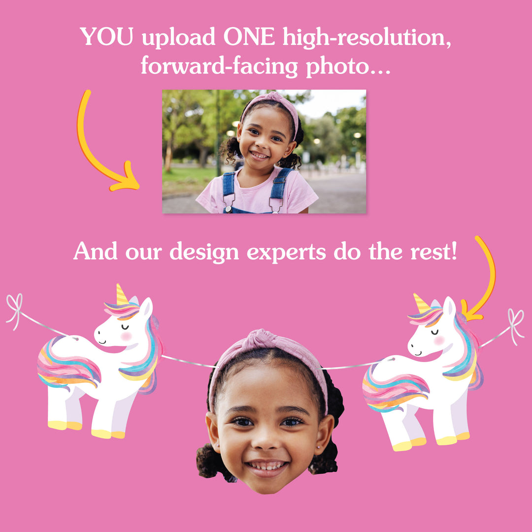 Promotional graphic for photo customization service with a child's photo and unicorn designs on a pink background.