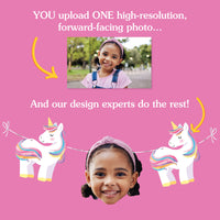Promotional graphic for photo customization service with a child's photo and unicorn designs on a pink background.