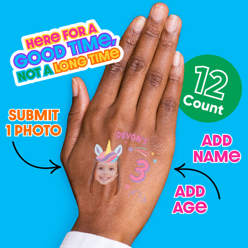 Custom Face Unicorn Temporary Tattoos - 12 Ct