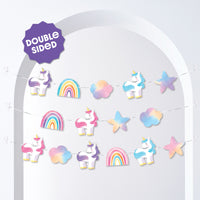 Unicorn and rainbow-themed banner with 'Double Sided' label on a white background