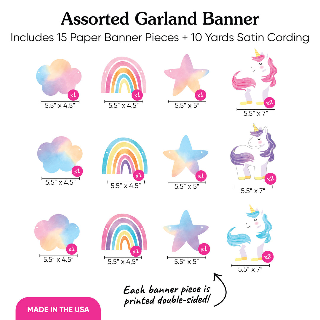 Assorted Garland Banner with colorful designs including clouds, rainbows, stars, and unicorns on a white background.