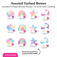 Assorted Garland Banner with colorful designs including clouds, rainbows, stars, and unicorns on a white background.