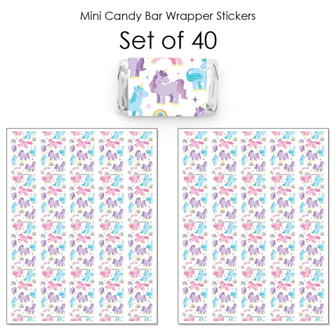 Set of 40 mini unicorn candy bar wrapper stickers with unicorn design on a white background.